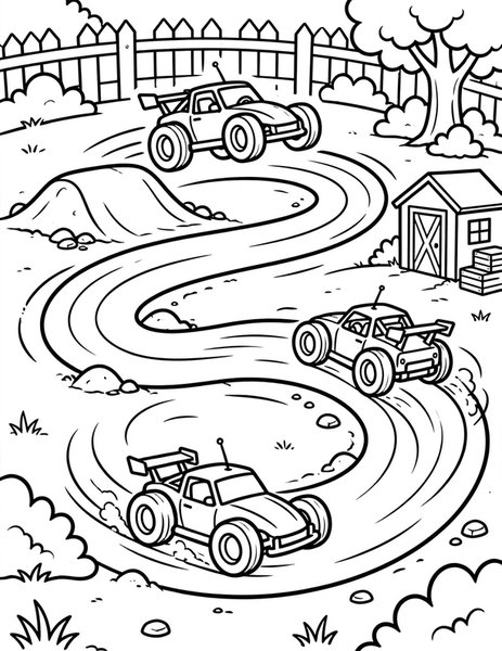 RC Car Race coloring page: Remote-control cars jump and drift around a dirt track.