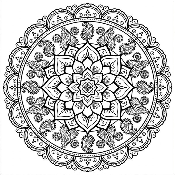 Intricate Mandala coloring page: A detailed adult mandala with paisley and rosette rings.