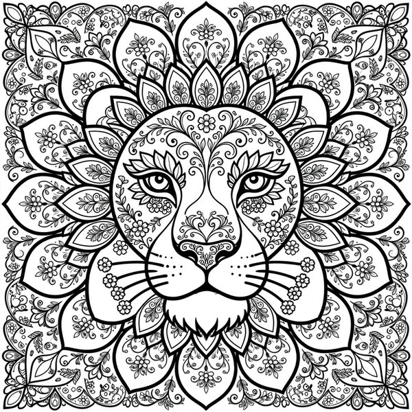 Lion Mandala coloring page: A lion's face ringed by a floral mandala mane.