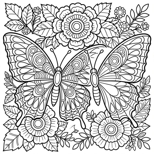 Butterfly Pair coloring page: Two patterned butterflies among large blooms.
