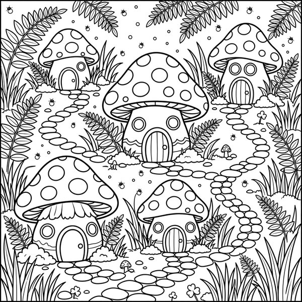 Mushroom Village coloring page: An enchanted village of mushroom houses and paths.