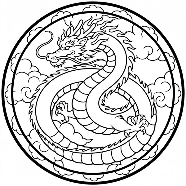 Eastern Dragon coloring page: A coiling eastern dragon among clouds in a ring.