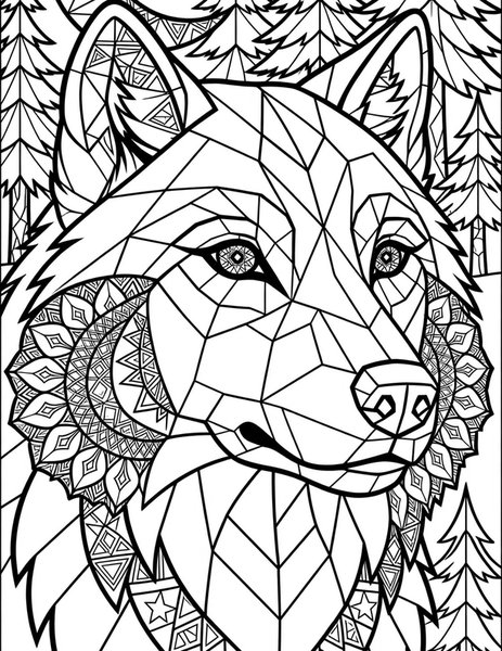 Geometric Wolf coloring page: A wolf with geometric fur patterns under the moon.