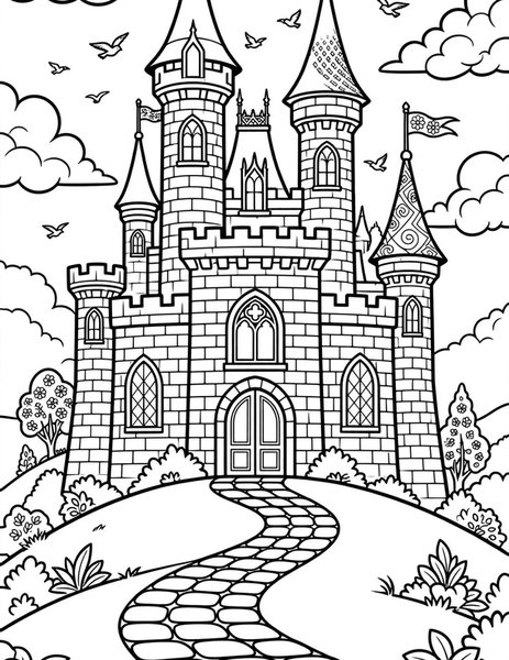 Fairytale Castle coloring page: A castle with towers, banners and a cobblestone path.