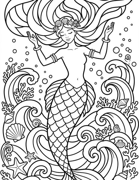 Ocean Mermaid coloring page: A mermaid rising from swirling waves with shells.