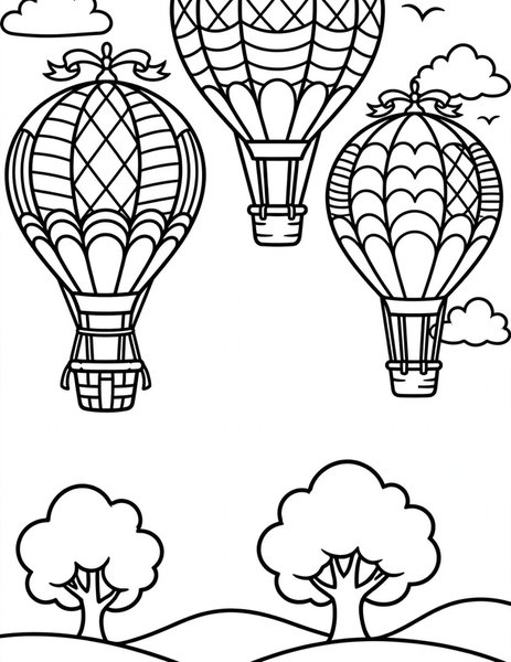 Sky Balloons coloring page: Ornate hot air balloons drifting over rolling hills.