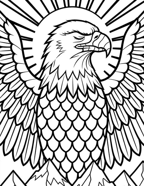 Soaring Eagle coloring page: An eagle with spread wings above mountain peaks.