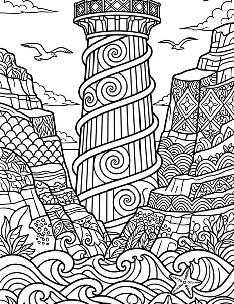 Spiral Lighthouse coloring page: A patterned lighthouse on cliffs above the waves.