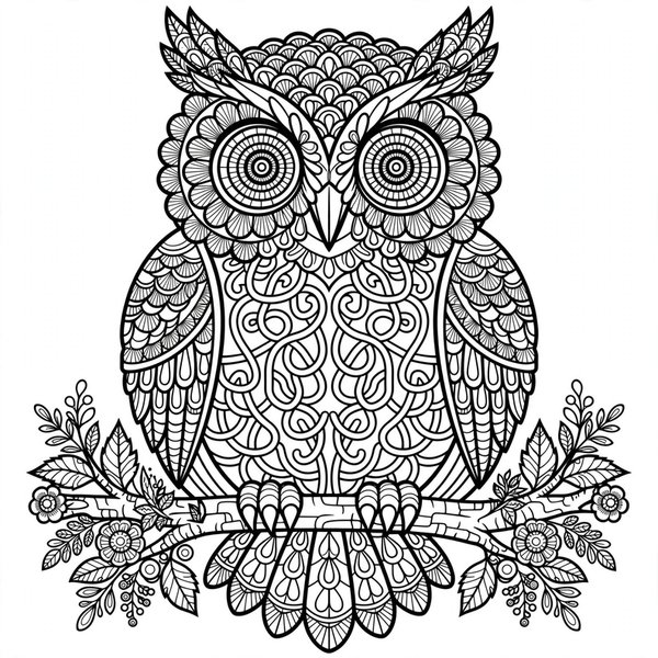 Ornate Owl coloring page: A decorative owl with patterned feathers, drawn for adult colorists.
