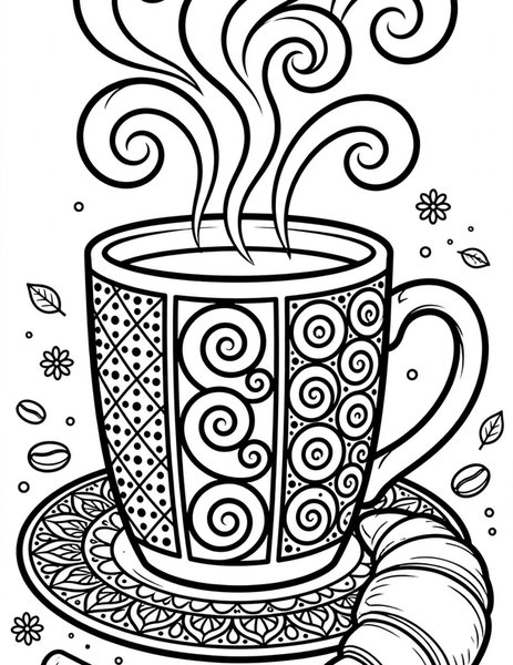 Morning Coffee coloring page: A cozy coffee cup with swirls, beans and a croissant.