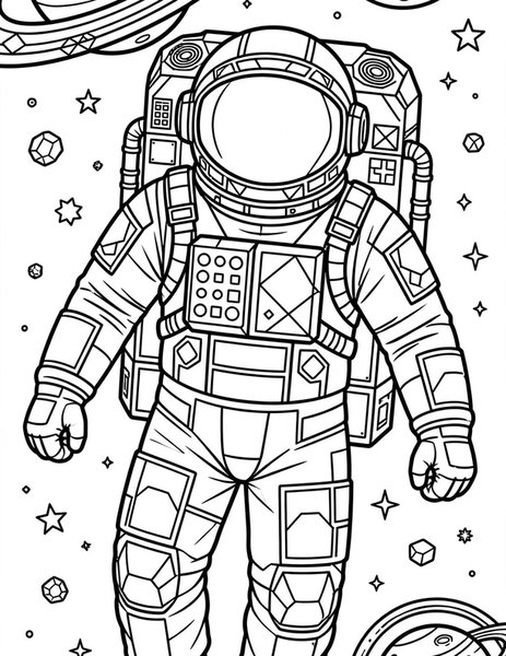 Space Explorer coloring page: An astronaut floating among planets and stars.