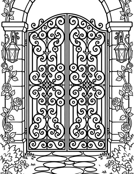 Rose Garden Gate coloring page: An ornate garden gate wrapped in climbing roses.