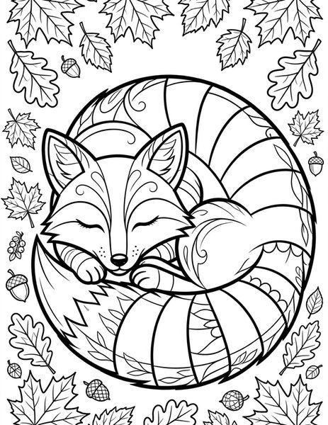 Sleeping Fox coloring page: A fox curled up asleep among autumn leaves.