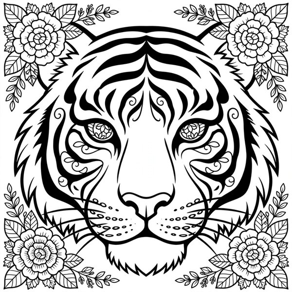 Tiger Portrait coloring page: A tiger's face with patterned stripes and flowers.