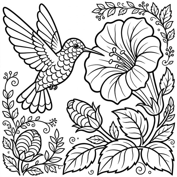 Hummingbird coloring page: A hummingbird sipping from a trumpet flower.