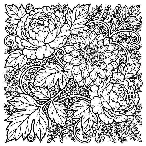 Secret Garden coloring page: Lush botanical garden scene with peonies, dahlias and vines.