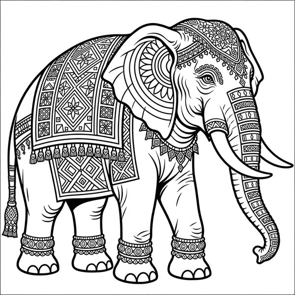 Festival Elephant coloring page: A decorated elephant with patterned howdah and anklets.