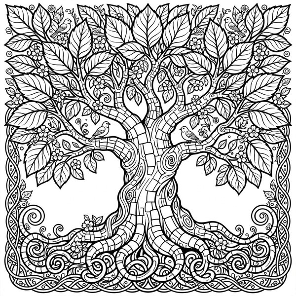 Tree of Life coloring page: A grand tree with birds, flowers and curling roots.