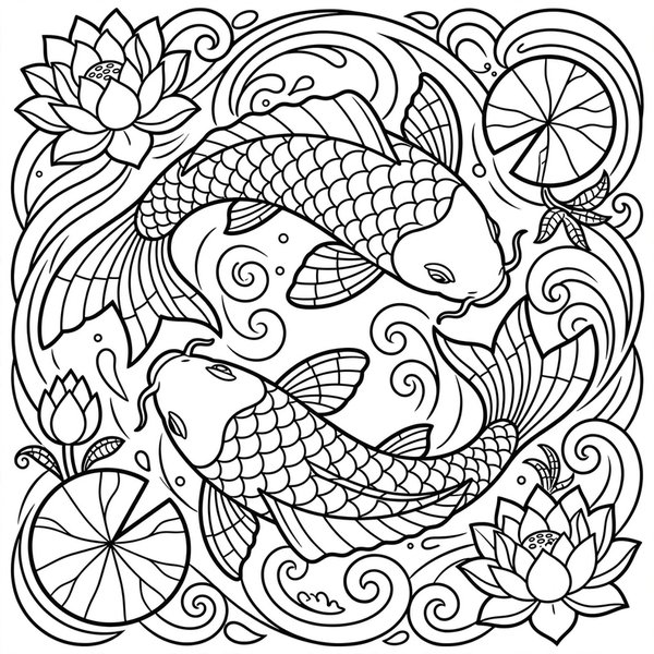 Koi Pond coloring page: Two koi circling among lotus blossoms and lily pads.