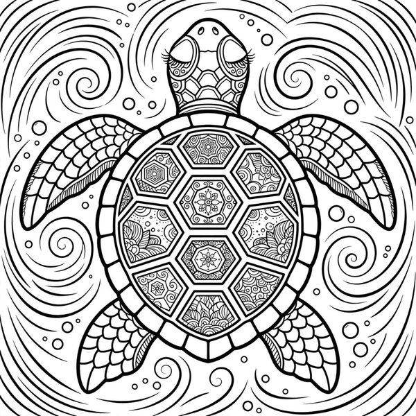 Sea Turtle coloring page: A sea turtle with a patterned shell, seen from above.