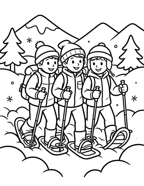 Snowshoe Trek coloring page: Hikers trek through deep powder on wide snowshoes.