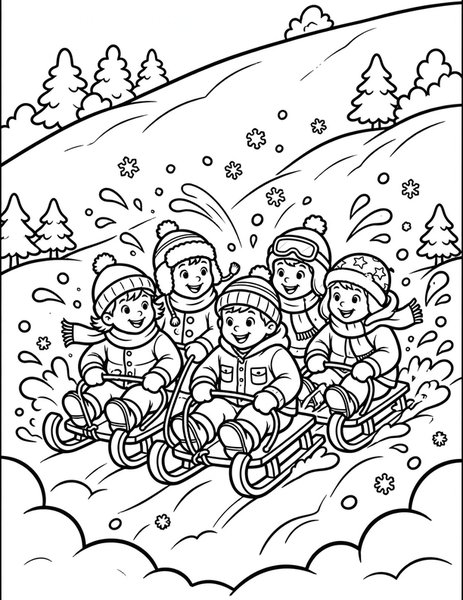 Sled Race coloring page: Kids race their sleds down the snowy hill, whooping loudly.