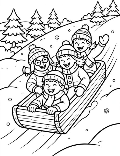 Toboggan Ride coloring page: Friends pile onto a long toboggan for a thrilling ride.