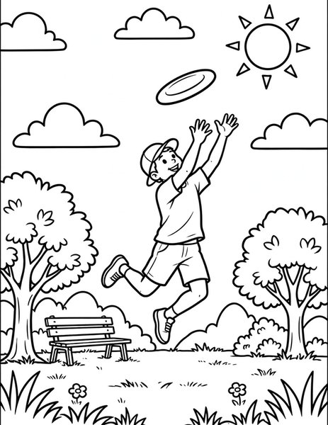 Frisbee Catch coloring page: A player leaps to catch a soaring frisbee in the park.