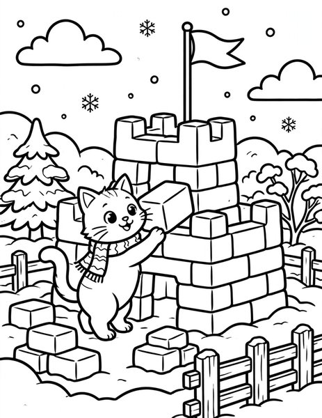 Cat Snow Fort coloring page