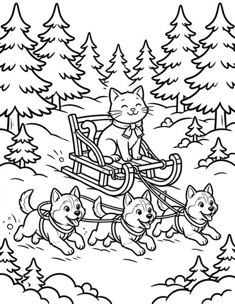 Cat Sled Ride coloring page