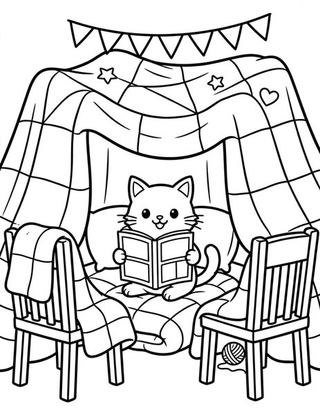 Cat Blanket Fort coloring page