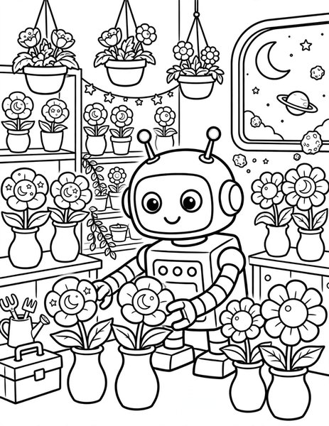 Robot Florist coloring page