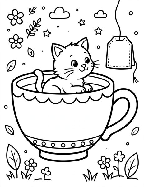 Cat in a Teacup coloring page