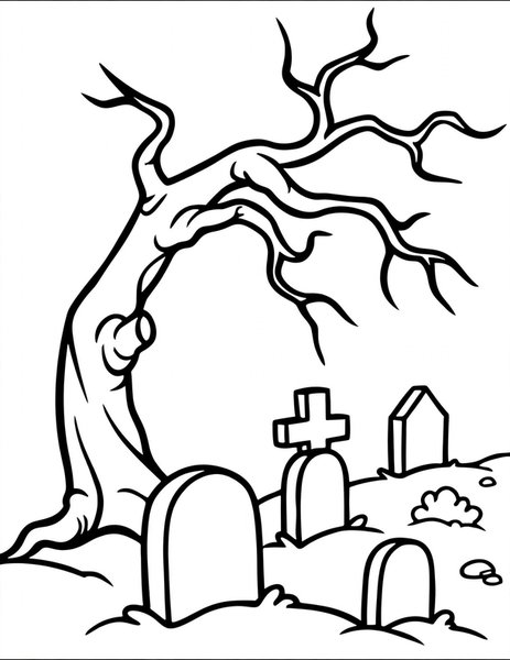 Graveyard with a Crooked Tree coloring page
