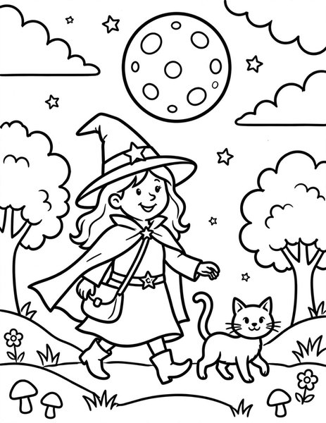 Witch and Her Black Cat coloring page