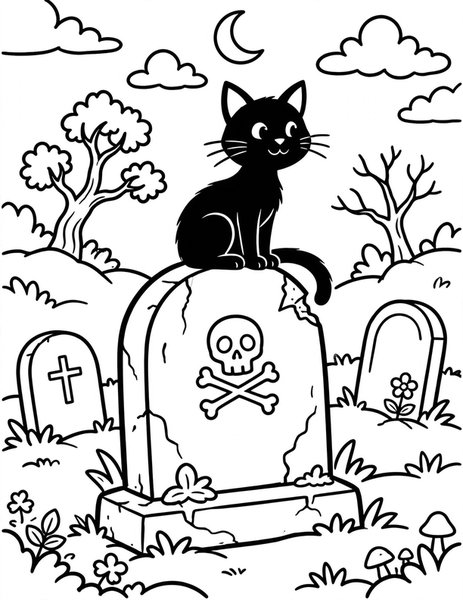 Black Cat Sitting on a Tombstone coloring page