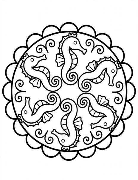 Seahorse Swirl Mandala coloring page