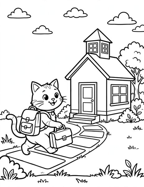 Cat First Day of School coloring page