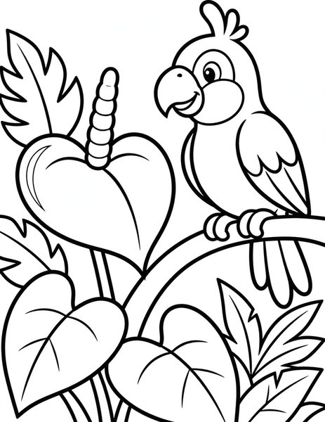 Parrot and Anthurium coloring page