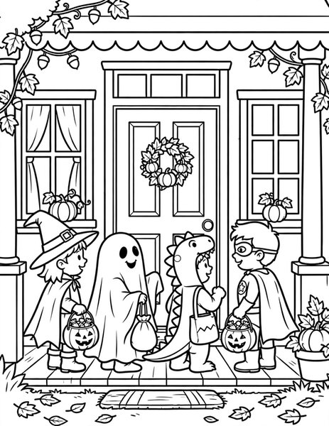 Trick-or-Treaters at the Door coloring page