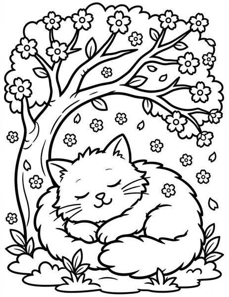 Cat Under the Blossoms coloring page
