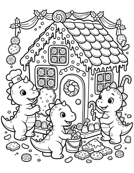 Gingerbread Dino House coloring page