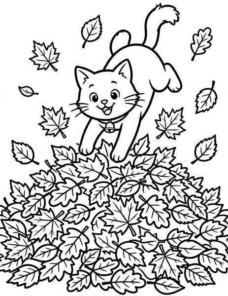 Cat Leaf Pile coloring page
