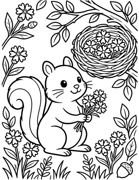 Squirrel Among Cornflowers coloring page