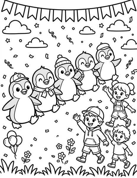 Penguin Parade coloring page
