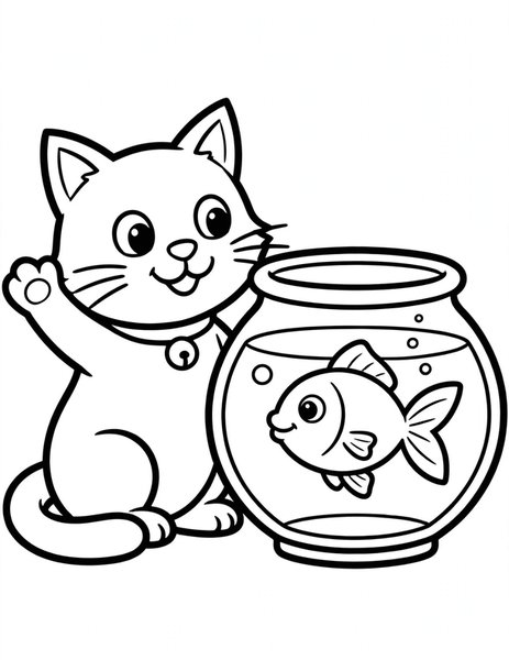 Cat and Goldfish coloring page