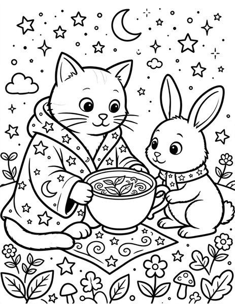 Cat Tea Leaf Reader coloring page