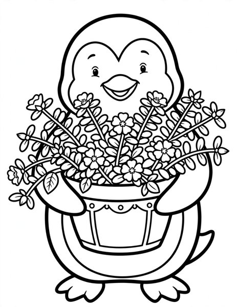 Penguin with Portulaca coloring page