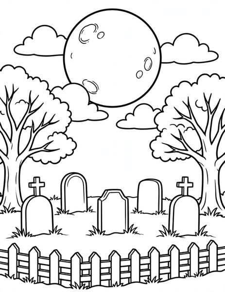 Full Moon Over the Graveyard coloring page
