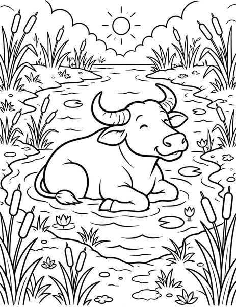 Water Buffalo Wallow coloring page: A water buffalo cools off with a muddy wallow in a sunny pond.